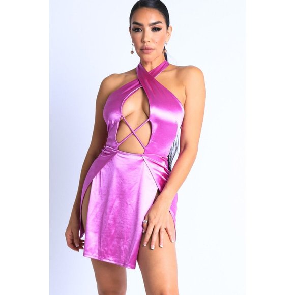 Women's Satin Sleeveless Cross Halter Open Mini Dress Party Club Dress Sexy - Picture 9 of 9